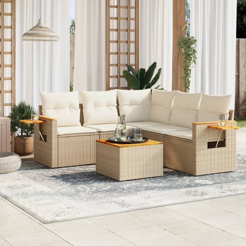 vidaXL Patio Sofa Set with Cushions Outdoor Conversation Furniture Poly Rattan - 24.4 x 33.5 x 27.2 in - Beige and cream with table