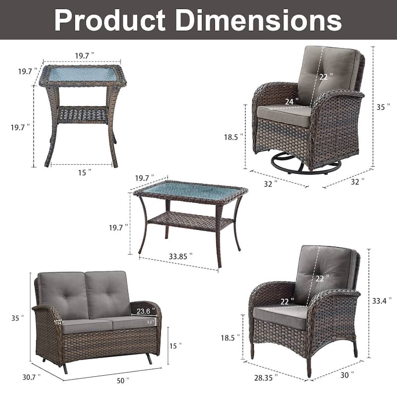 Outdoor Glider Sofa with Rocking Chair, Club Chair set of 8 - Brown