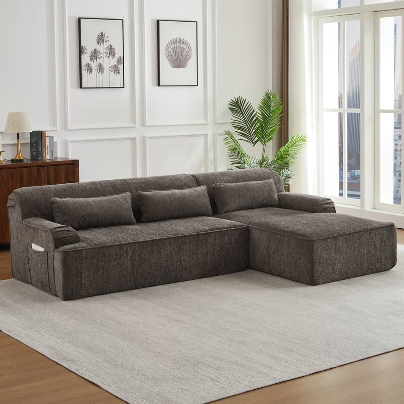 Floor Standing Chenille L-shape Chaise Sectional Sofa with Side Pocket - Brown