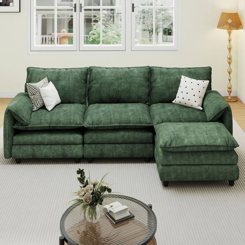Moasis 108 Inch Velvet L Shaped Sectional Sofa with Movable Ottoman and Pillow Armrest - Green