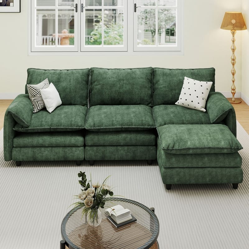 Moasis 108 Inch Velvet L Shaped Sectional Sofa with Movable Ottoman and Pillow Armrest