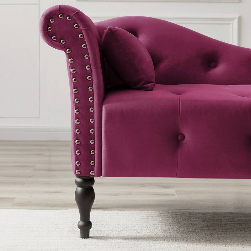 60.6" Velvet Chaise Lounge Buttons Tufted Nailhead Trimmed Solid Wood Legs with 1 Pillow,Burgundy (Left Arm Design)