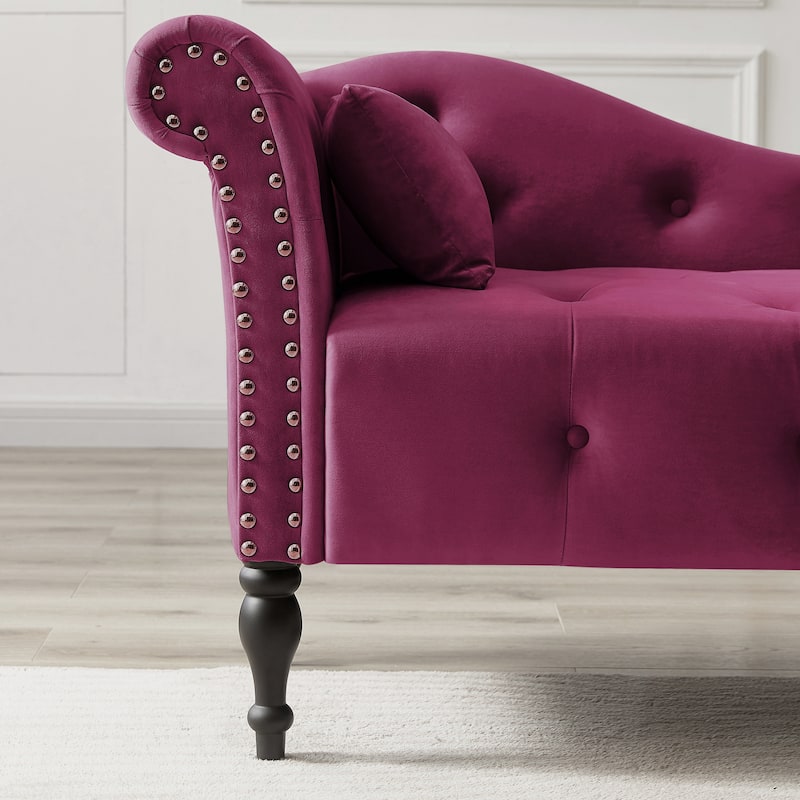 60.6"Velvet Chaise Lounge Buttons Tufted Nailhead Trimmed Solid Wood Legs with 1 Pillow(Left Arm Design as Shown in the Picture)