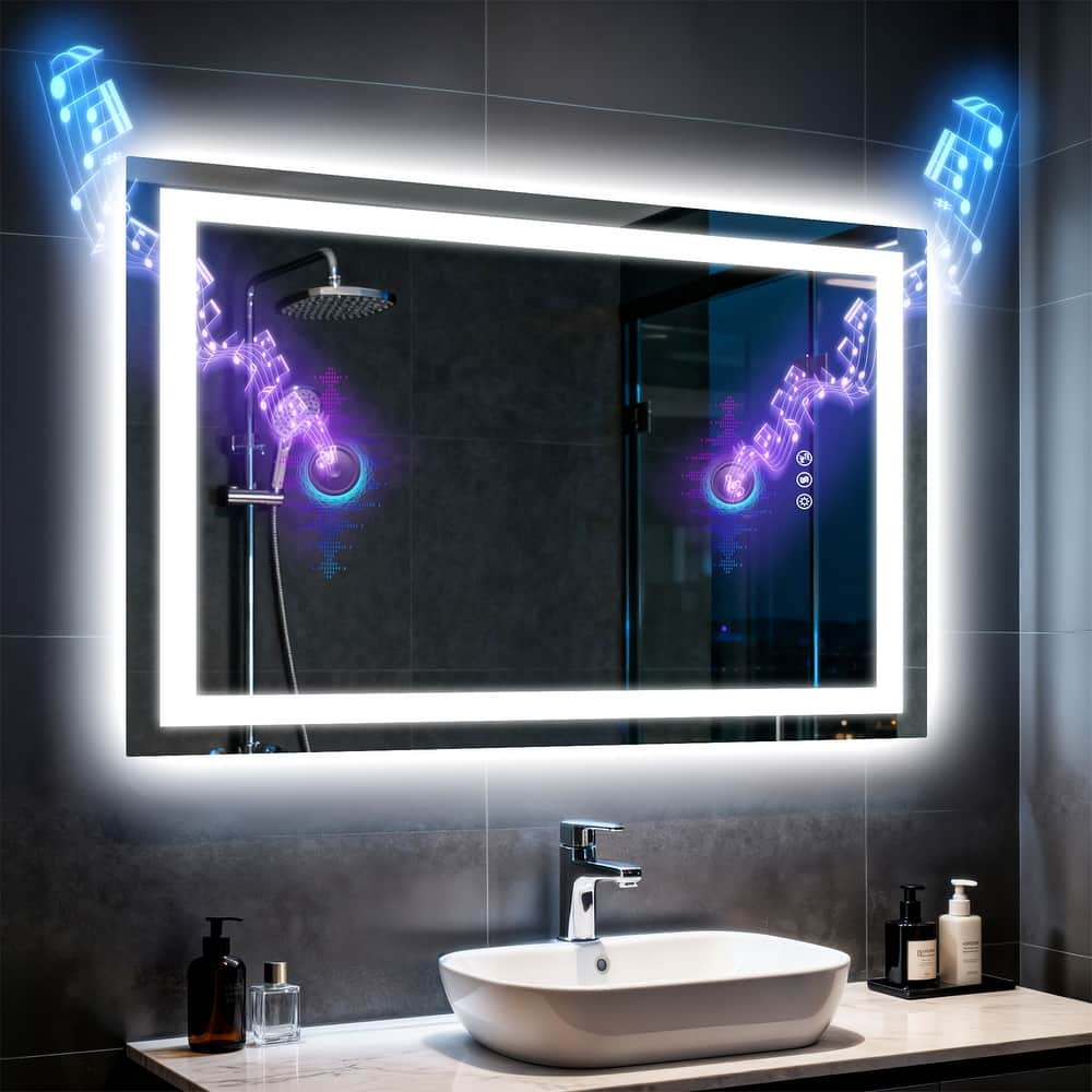 Rectangle Illuminated Bluetooth Bathroom Smart Tempered Glass Vanity Mirror with Double NdFeB Speakers