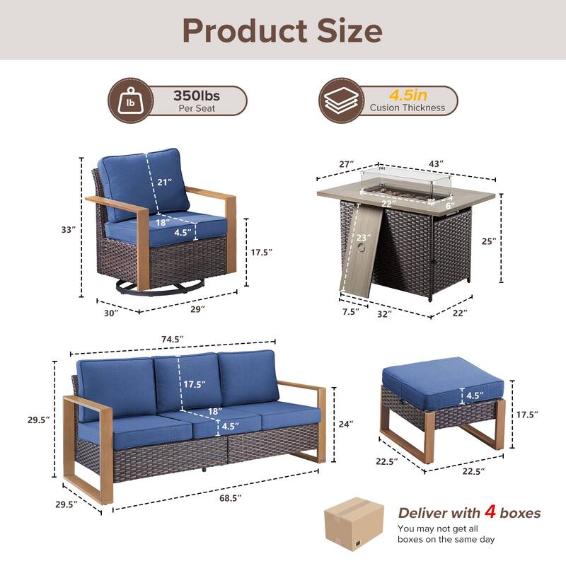 Meyreso Wicker Outdoor Patio Fire Pit Set with Swivel Gliders & 4.5" Olefin Cushions