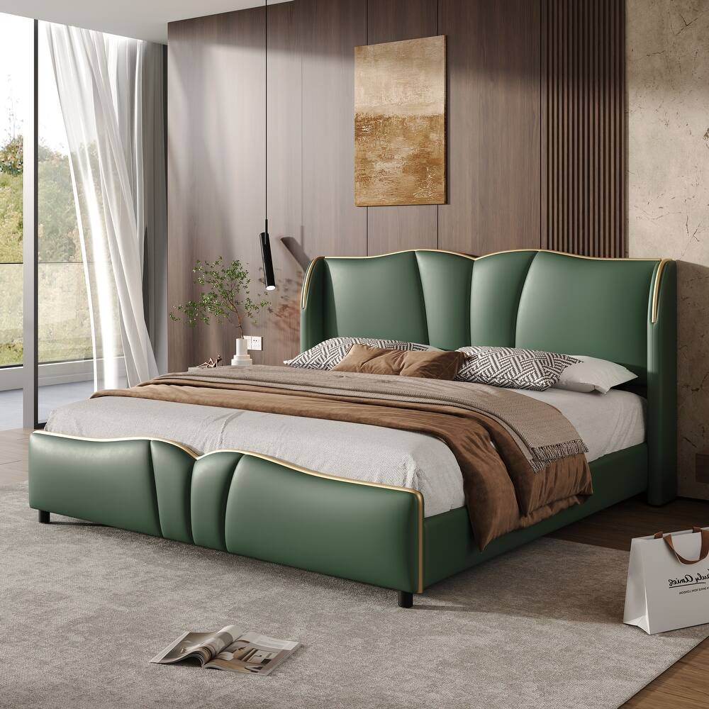 PU Leather Upholstered Bed Wingback Bed, Platform Bed Frame with Wave-Shaped Headboard & Footboard