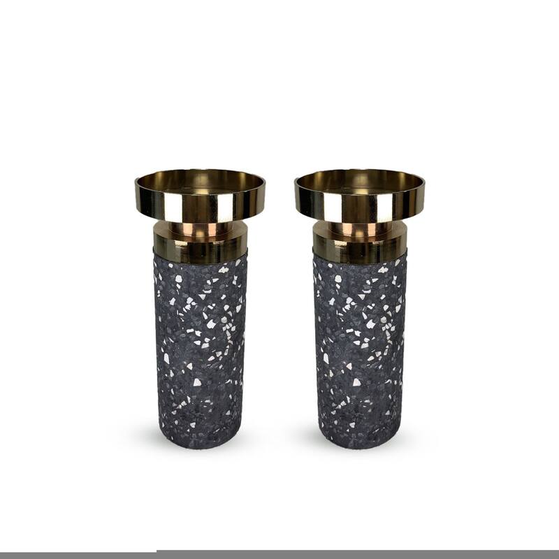 Gray Cement Candlestick Set of Two with Splattering and Gold Accent - Grey