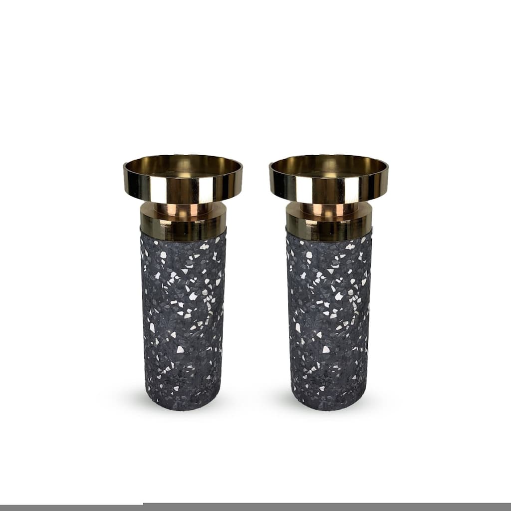 Gray Modern Cement Candlestick Set with Elegant Gold Trim Accent