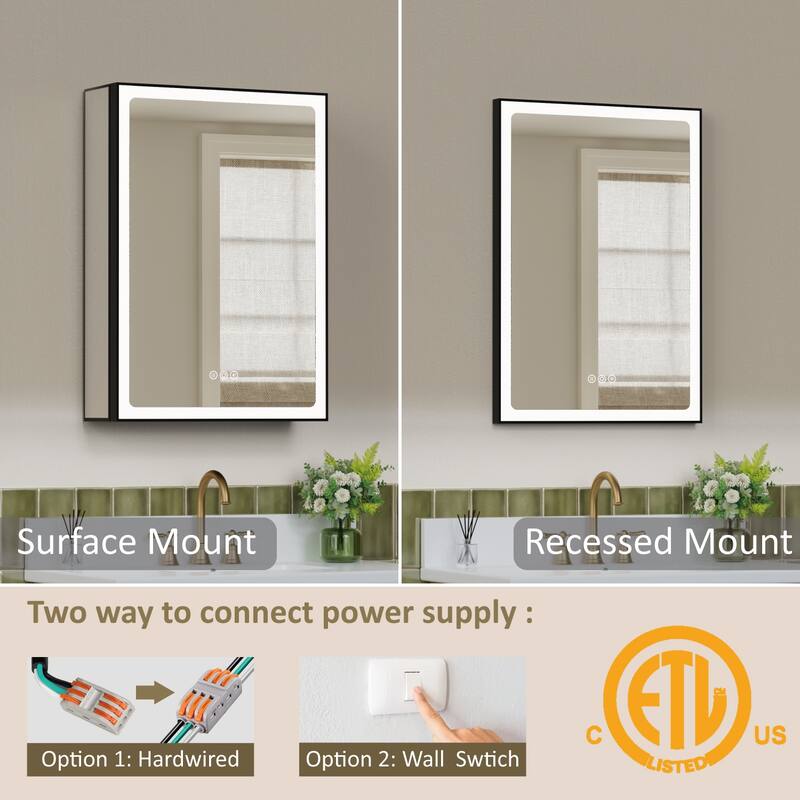 Grand Aluminum Medicine Cabinet with Mirror, Adjustable Shelves, Dimmable Light, Anti-Fog, Recessed or Wall Mount