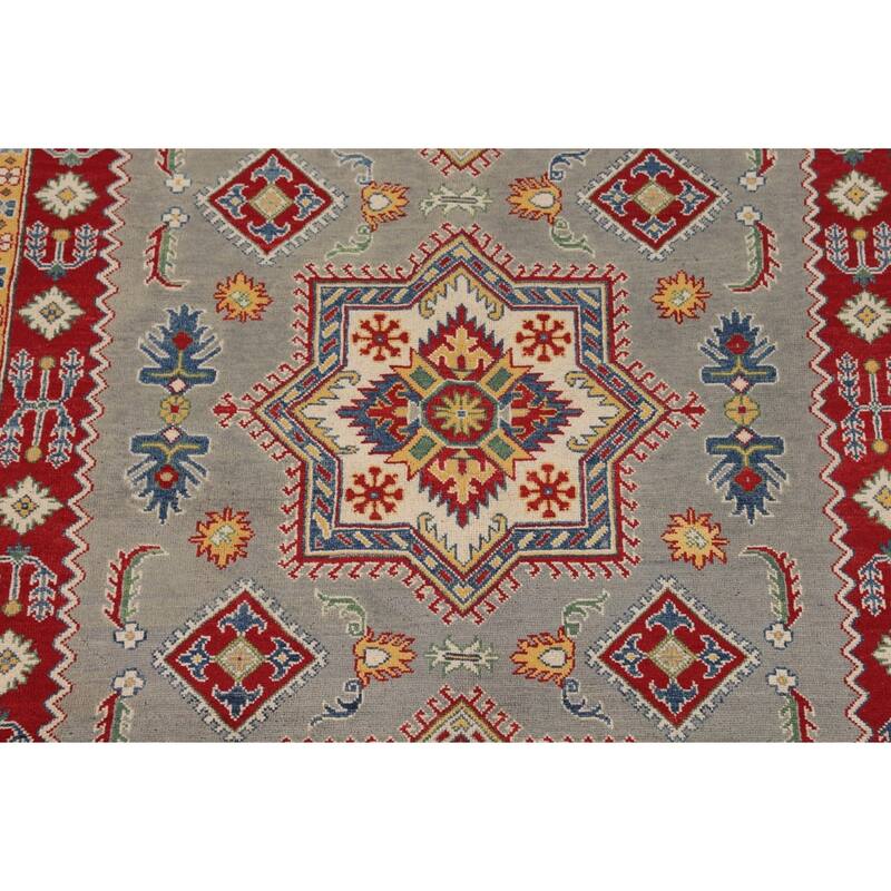Geometric Grey Kazak Area Rug Handmade Bedroom Wool Carpet - 6'10" x 10'3"