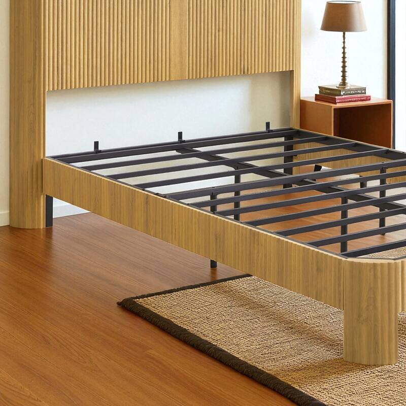 Full XL/Queen Bed Frame with Storage Headboard, USB Charging Station, Noise-Free Metal Platform with Curved Design