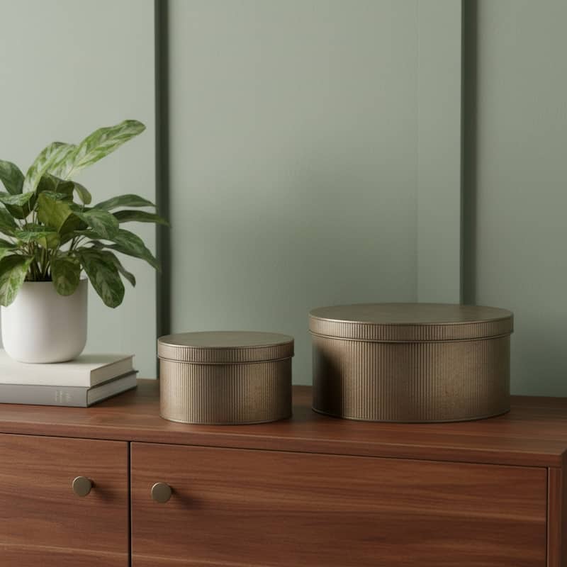 HomeRoots Set of Two Antiqued Gold Metal Decorative Boxes - 14.17 in. x 5.91 in. x 14.17 in. - Antiqued Gold - 14.17 in. x 5.91 in.  x 14.17 in.