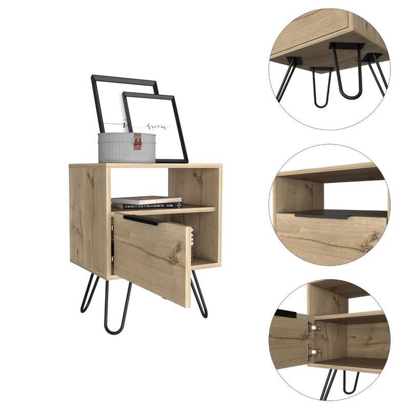 Modern Light Oak Nightstand with Drawer and Open Shelf, Hairpin Legs, Compact Design for Bedroom or Living Room