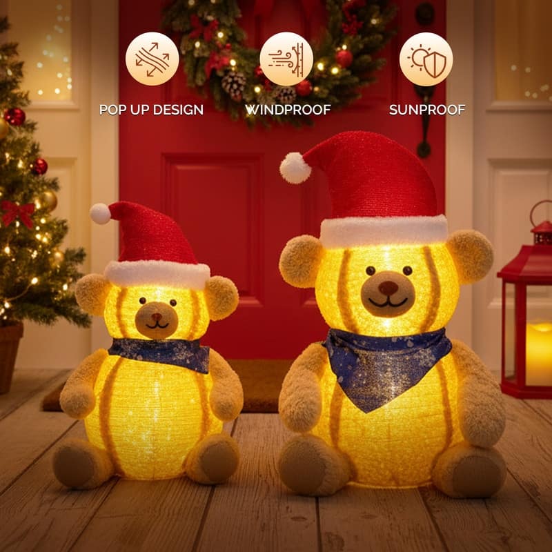 Set of 2 Lighted Plush Bear Christmas Decorations - 36 INCH