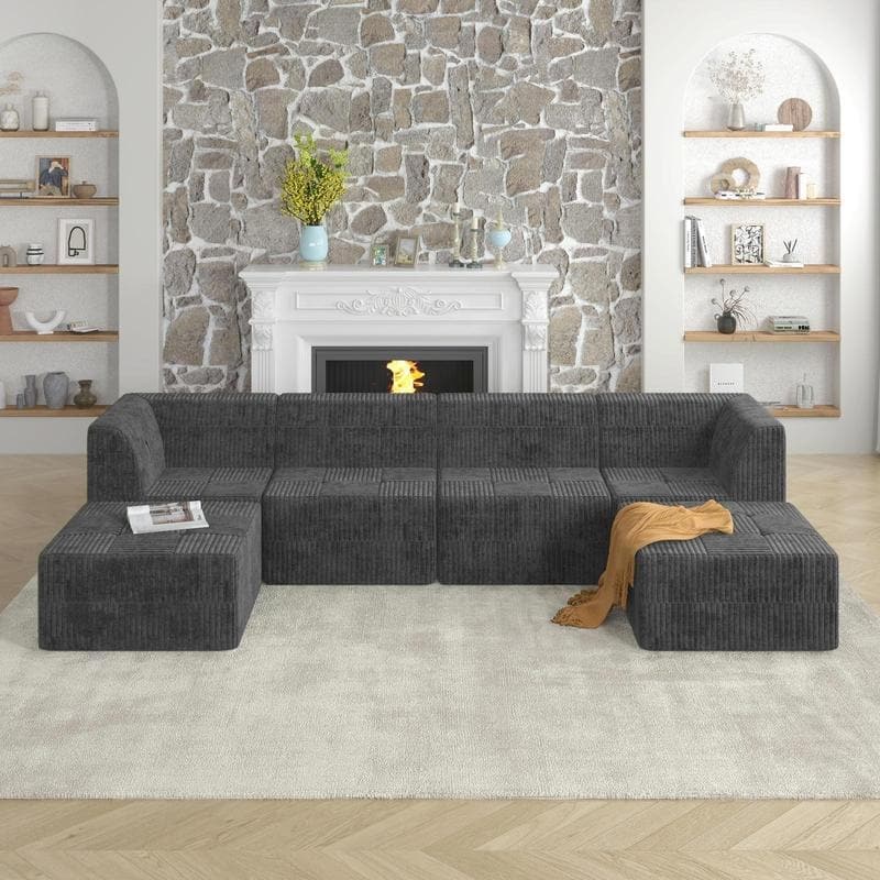 U-Shape Sleeper Sofa,No Tool Modular Corduroy,Space-Saving Living Room - Grey-6Seat-2