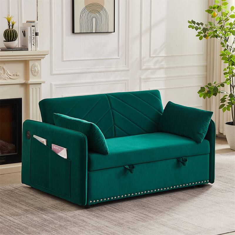 3-in-1 Soft Velvet Convertible Sleeper Sofa Bed w/ 2 Pillows, Usb Port
