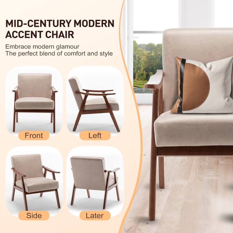 Mid-Century Modern Accent Chair with Solid Wood Frame, Set of 1