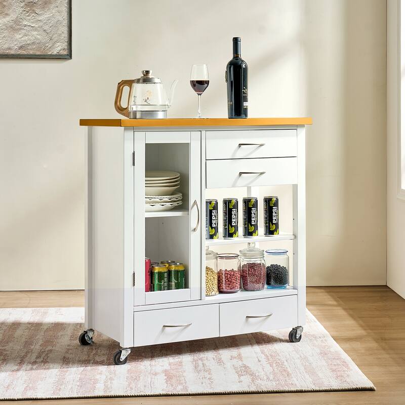 Anmytek Multifunctional Rolling Kitchen Island Cart Walnut Wood Top Storage Cabinet with Drawers Towel Bar White