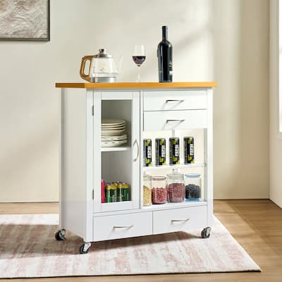 Kitchen Island Cart with Wood Top, Rolling Storage Cabinet with Drawers, Sideboard Buffet with Towel Bar
