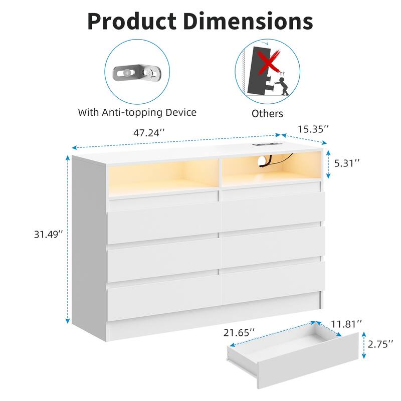 Modern 6-Drawer Dresser with LED Lights and Power Outlet, Storage Chest with Charging Station