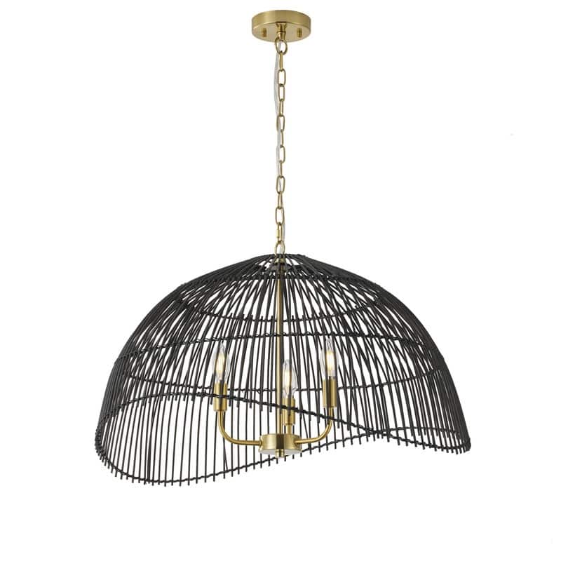 Boho Black Woven Rattan 3 Light Pendant Ceiling Light Brass Copper Finish Iron Frame for Kitchen Island Living Room