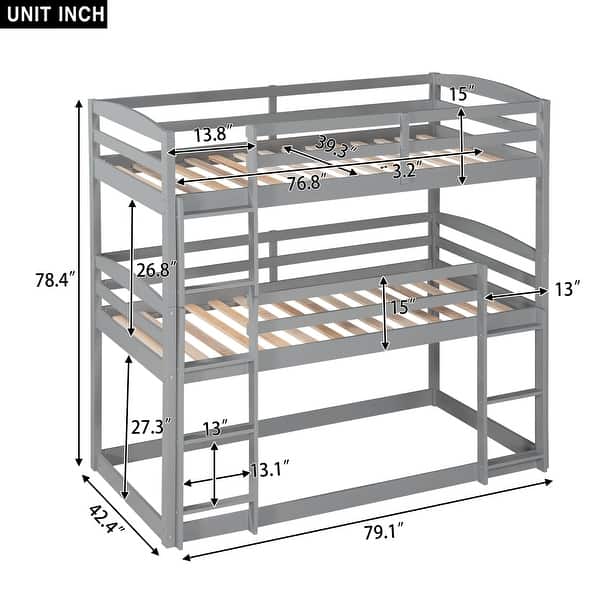 Wood Twin Size Triple Bunk Beds with Guard Rail and Ladder - Bed Bath ...