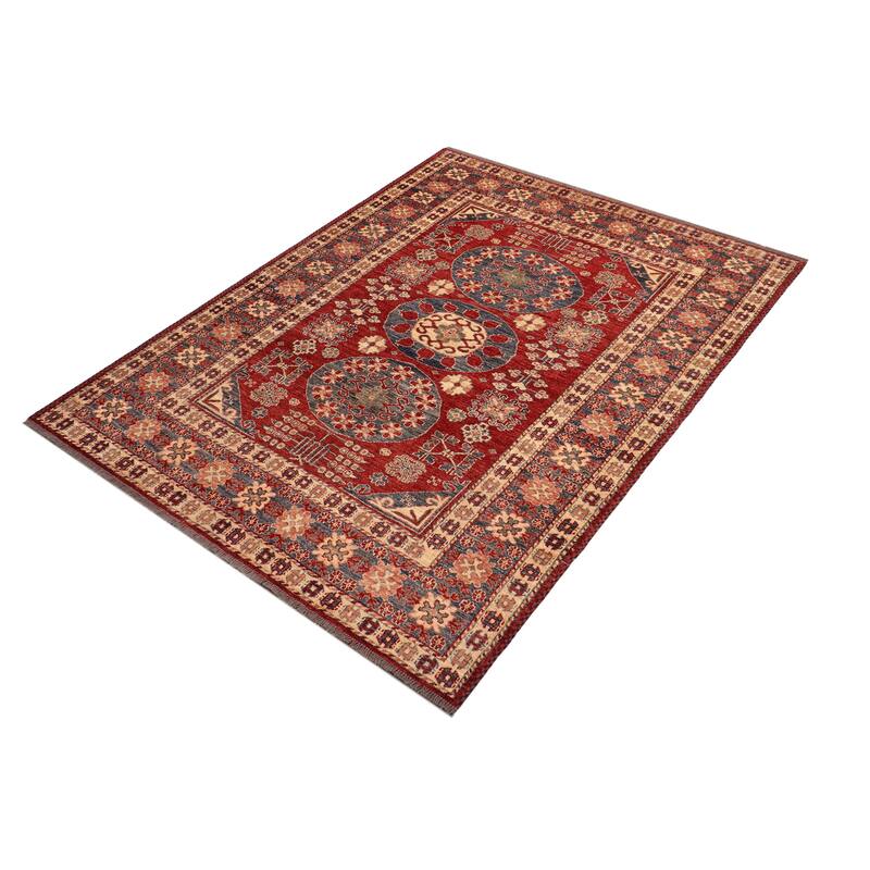 Southwestern Super Kazak Ezra Red/Blue Hand Knotted Wool Rug - 5'3'' x 6'3''