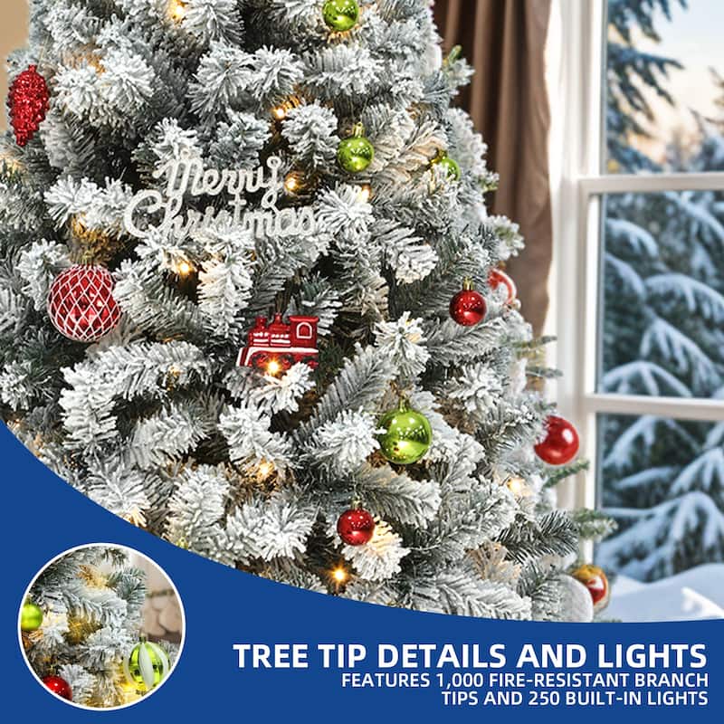 6 /7.5 /9 ft Prelit Snow Flocked Christmas Tree with Remote, 11 Light Modes & Foldable Base