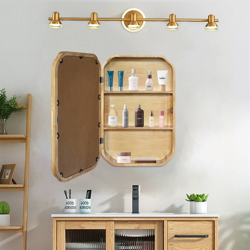 Wood Framed Functional Wall Mirror with Cabinet and Adjustable Shelves