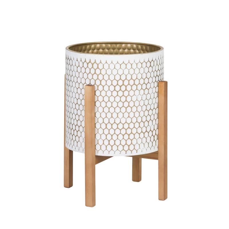 Honeycomb Mid-Century Modern Indoor Metal Pot Planter with 4-Leg Wood Base