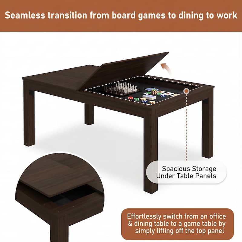 63" Convertible Board Game Table Multi-Purpose Dining & Work Table with Hidden Gaming Surface, Removable Top Panels