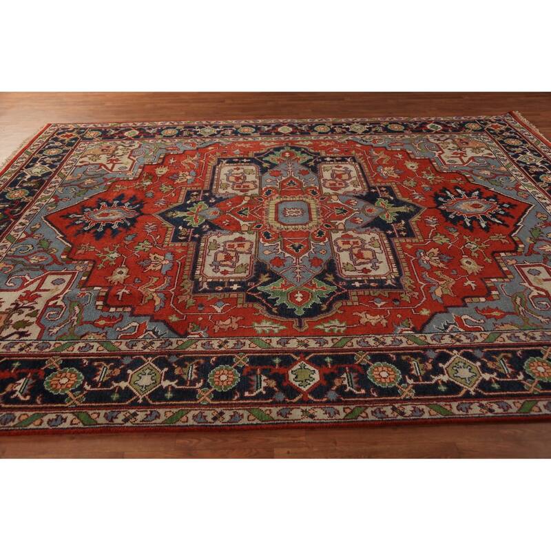 Orange Medallion Heriz Serapi Indian Rug Hand-Knotted Wool Carpet - 8'11"x 11'7"