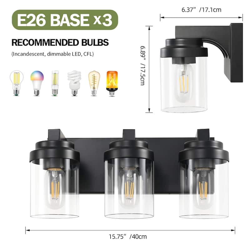 3-Light Matte Black Vanity Light Fixture with Clear Glass Shades