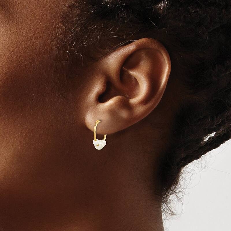 Curata 14k Yellow Gold Freshwater Triple Pearl Hoop Earrings (3-4mm) - White