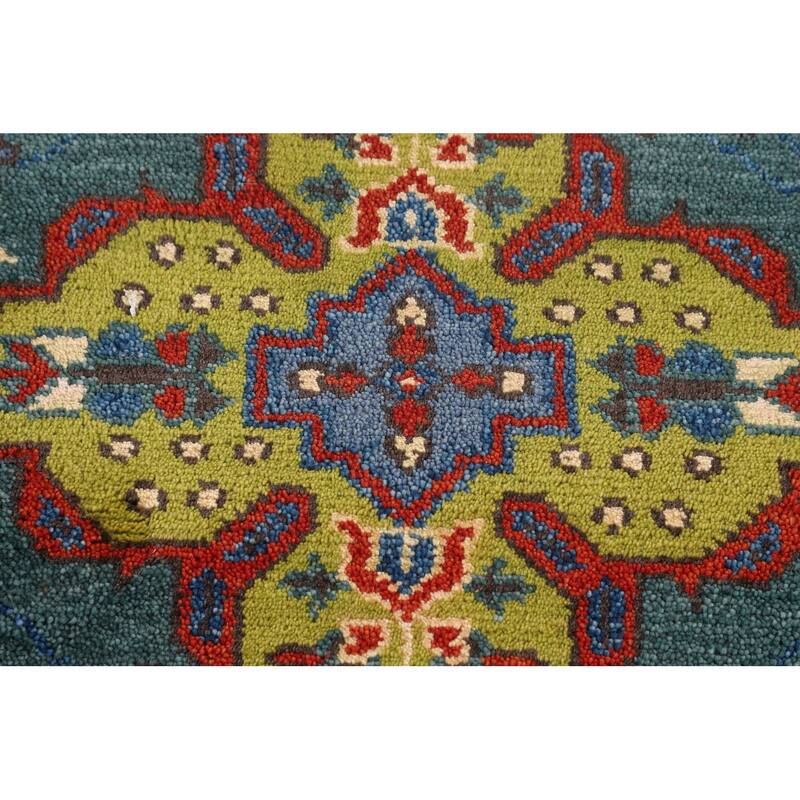Green Geometric Kazak Oriental Runner Rug Hand-Knotted Wool Carpet - 2'6"x 9'10"