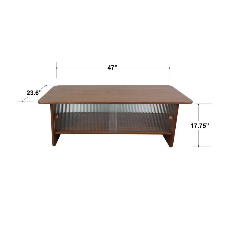 47" Brown Rectangular Minimalist Coffee Table with Glass Sliding Door Storage Cabinet