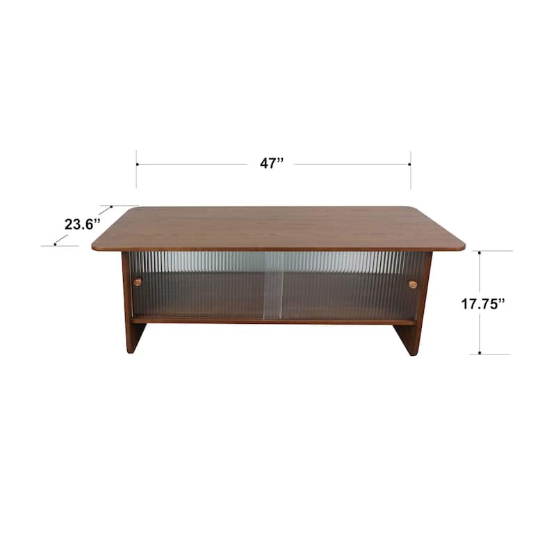 GDFStudio Velmorian Solid Wood Frame Coffee Table with Fluted Glass Sliding Doors and Storage Center