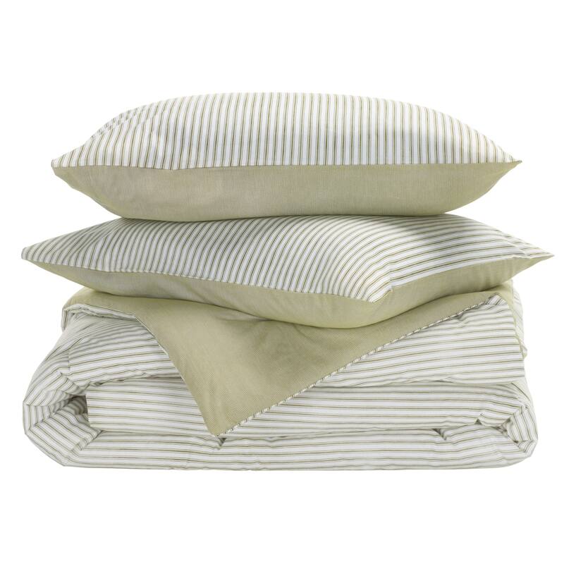 SAFAVIEH HOME 100% Cotton Stripe Reversible 3-piece Comforter Set - 90"W x 90"L - Olive/White