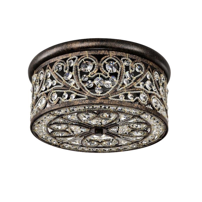Bonfine Antique Bronze 14-inch Flushmount Ceiling Lamp with Crystals