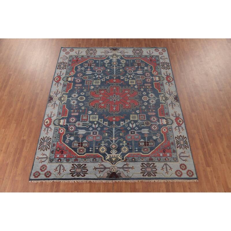 Blue Kazak Indian Area Rug Hand-Knotted Geometric Wool Carpet - 8'1" x 9'9"