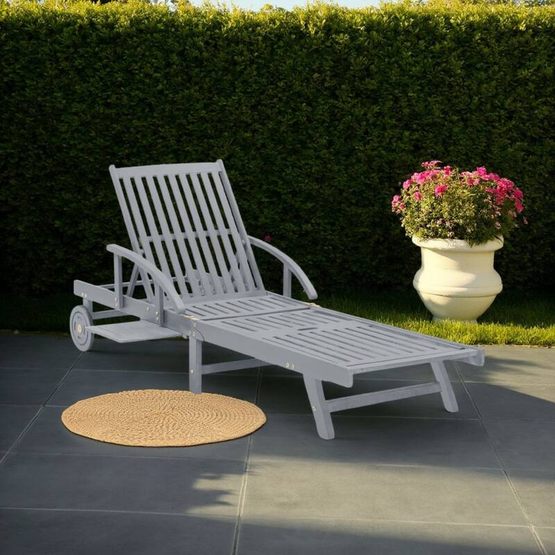 Outdoor Sun Chaise Lounger, Slatted Gray Acacia Wood Frame w Wheels