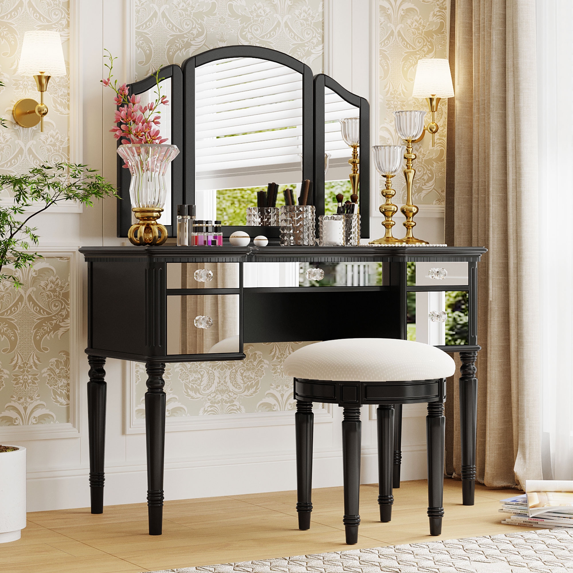 43 Dressing Table Set with Mirrored Drawers and Stool Tri fold Mirror Makeup Vanity Set for Bedroom Black