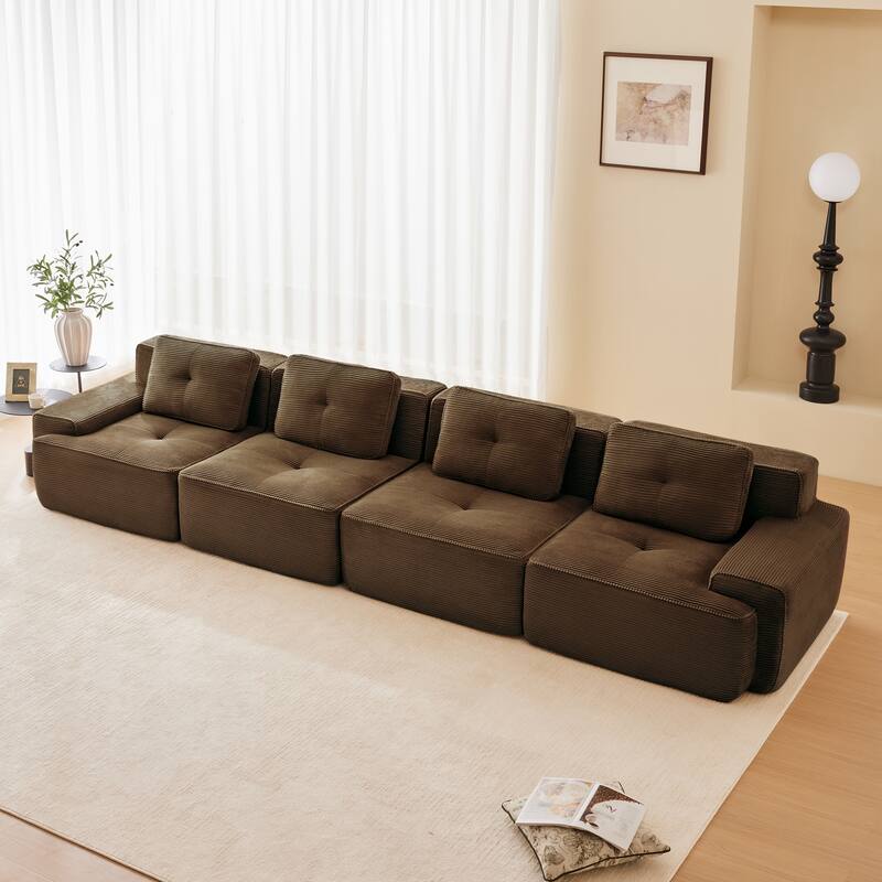 Roomfitters No Assembly Modular Sofa, 117 Inch Corduroy 3-Seater with Piping, Brown - Brown 153"