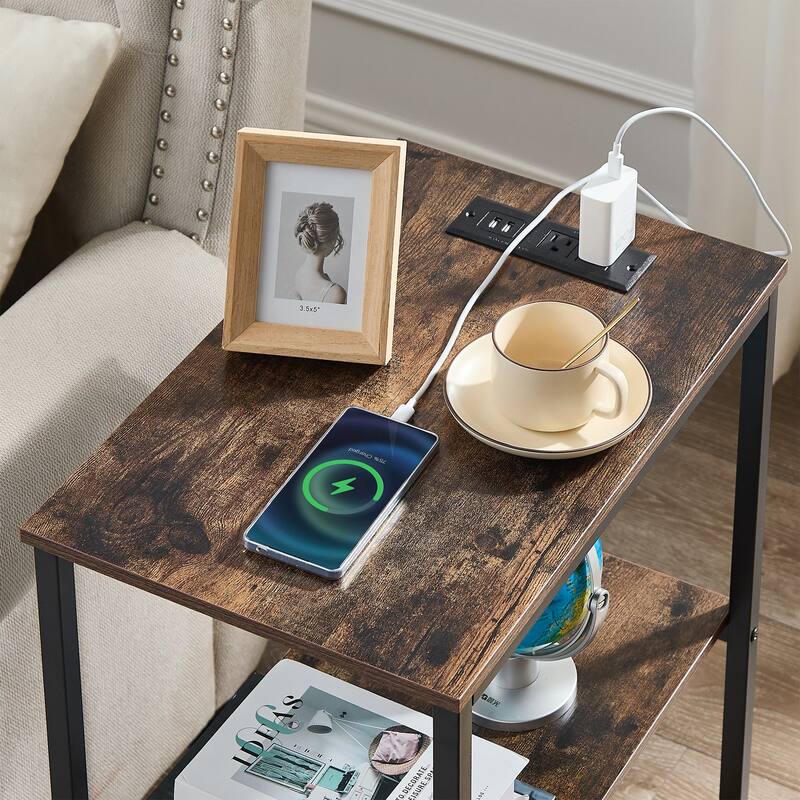 VECELO 3-Tier Nightstands Set of 2 with Open Storage Shelves Narrow Design End Table Set with USB Charging Station for Bedroom