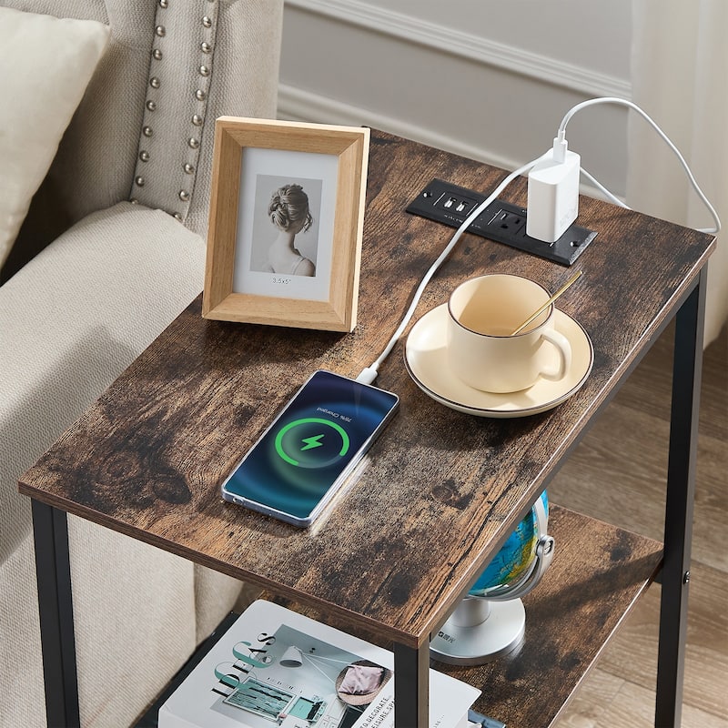 VECELO Industrial Nightstand with Charging Station 3-Tier End Table Bedside Table Black Steel Frame for Small Spaces