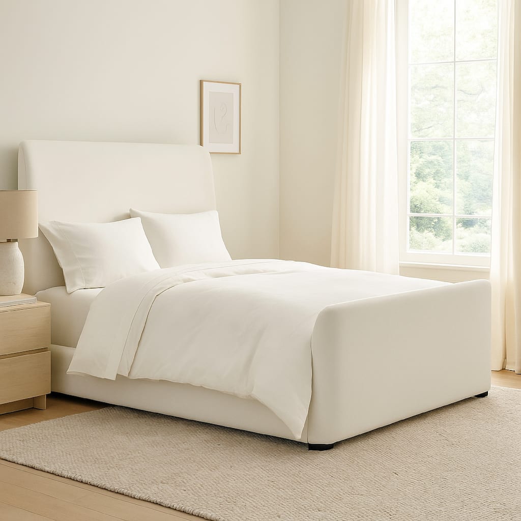 Zuo Contemporary King Size Bed, Contoured Tall White Padded Upholstery