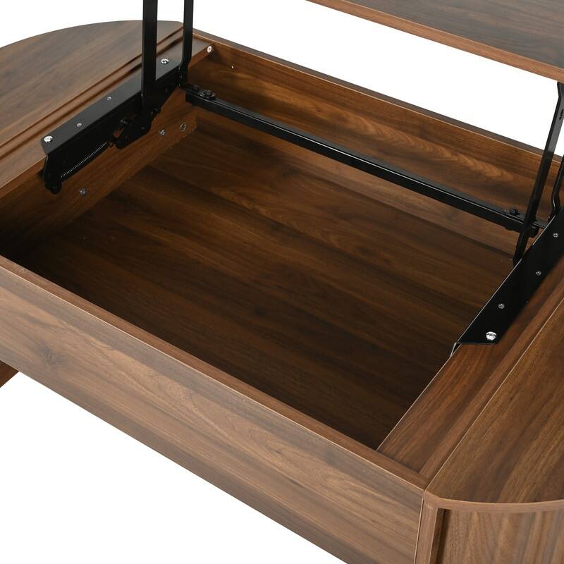 Wood Lift Top Coffee Table with Hidden Storage, 47" Oval Lift Table Top wavy grooves Design Conversation Table