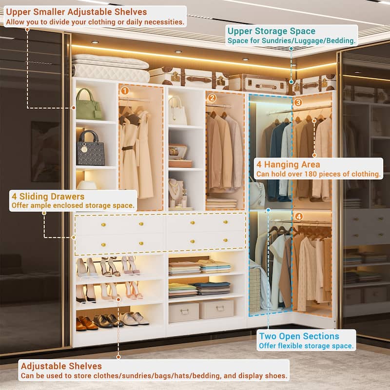 Set of 2/ 3 Coner Closet System with Shoe Racks and Drawers, Freestanding Closet Organizer with Hanging Rods and Shelves