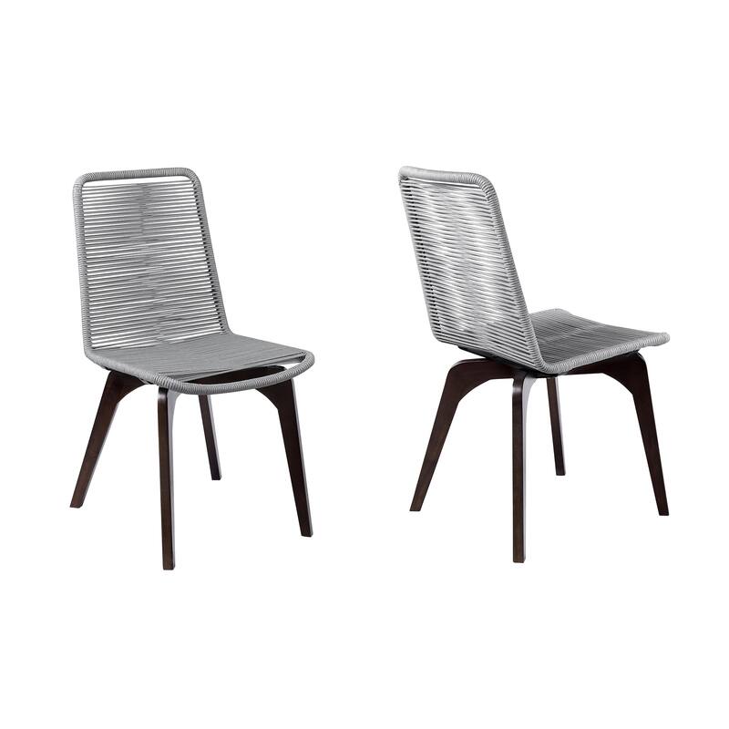 Island Modern Bohemian Solid Eucalyptus Wood and Woven Rope Outdoor Dining Chairs - Set of 2