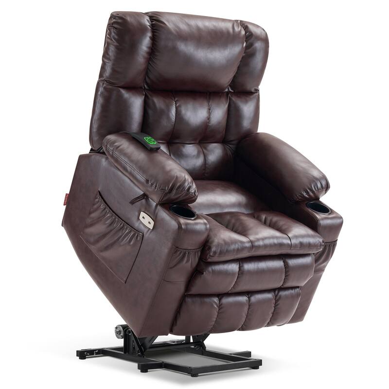 MCombo Medium Dual Motor Power Lift Recliner Chair Infinite Position, Massage and Heat, Extended Footrest, Faux Leather 7890 - Dark Brown